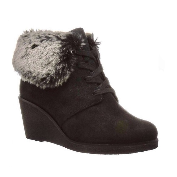 COLE HAAN Wedge Heel Lace Up Ankle Winter Boots with Faux Fur Cuff - Picture 1 of 11